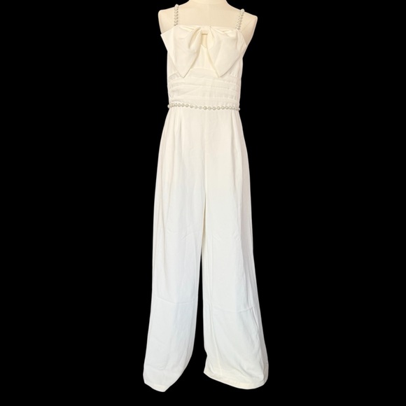 ChicMe White Pearl Strap Bow Wide Leg Jumpsuit Size M Elegant Wedding Easter - Picture 15 of 16